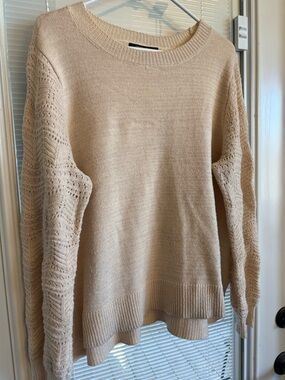 Christian Siriano Beige Open-Stitch Sleeve Crew Sweater